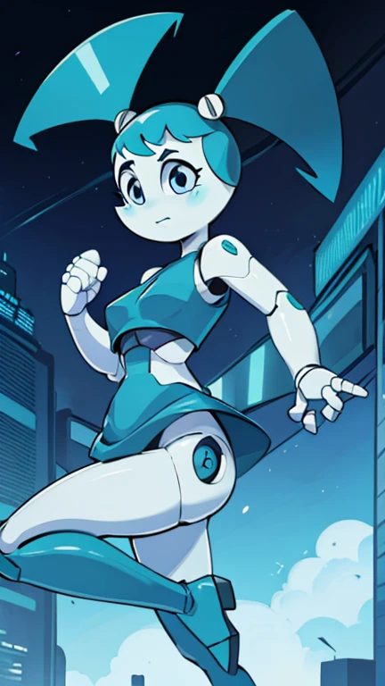 High quality portrait of Jenny Wakeman fighting aliens in a futuristic city. HORA DO DIA. Cara de bravo. robot body, robot joints. Parafuso azul no umbigo, traje rasgado