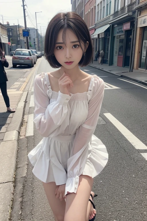 (One 、Girl with anatomically perfect body、Highly detailed hands、Perfect hands、Highly detailed face、Cute eyes、White skin、A-Line Bob:1.1)、(blouse、petticoat、Sandals)、I have to pee、The strongest need to pee、Myself peeing、Pee leaks:1.3)、( twisting of the body、Standing on one leg:1.3)、(St1.2)、(despair、Hurry、blush、Tilt your head) 、look up:1.2)、close your eyes、Highest