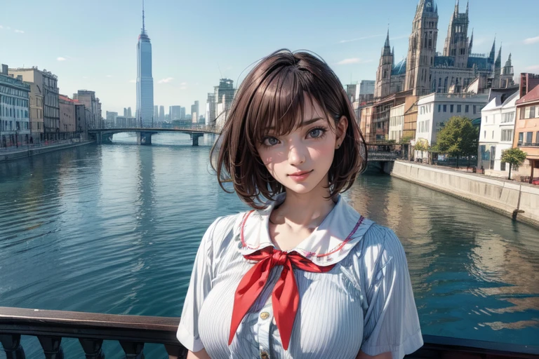 (best quality,4k,8k,highres,masterpiece:1.2), ultra-detailed, (realistic,photorealistic,photo-realistic:1.37), anime, 1 girl, front bangs, black hair, beautiful 8k eyes, blue sky, bridge, building, castle, city, cityscape, clouds, sun, dress, gaze at the viewer, outdoor, red neckwear, red ribbon, ribbon, river, short hair, short sleeves, sky, skyscraper, standing alone, town, water