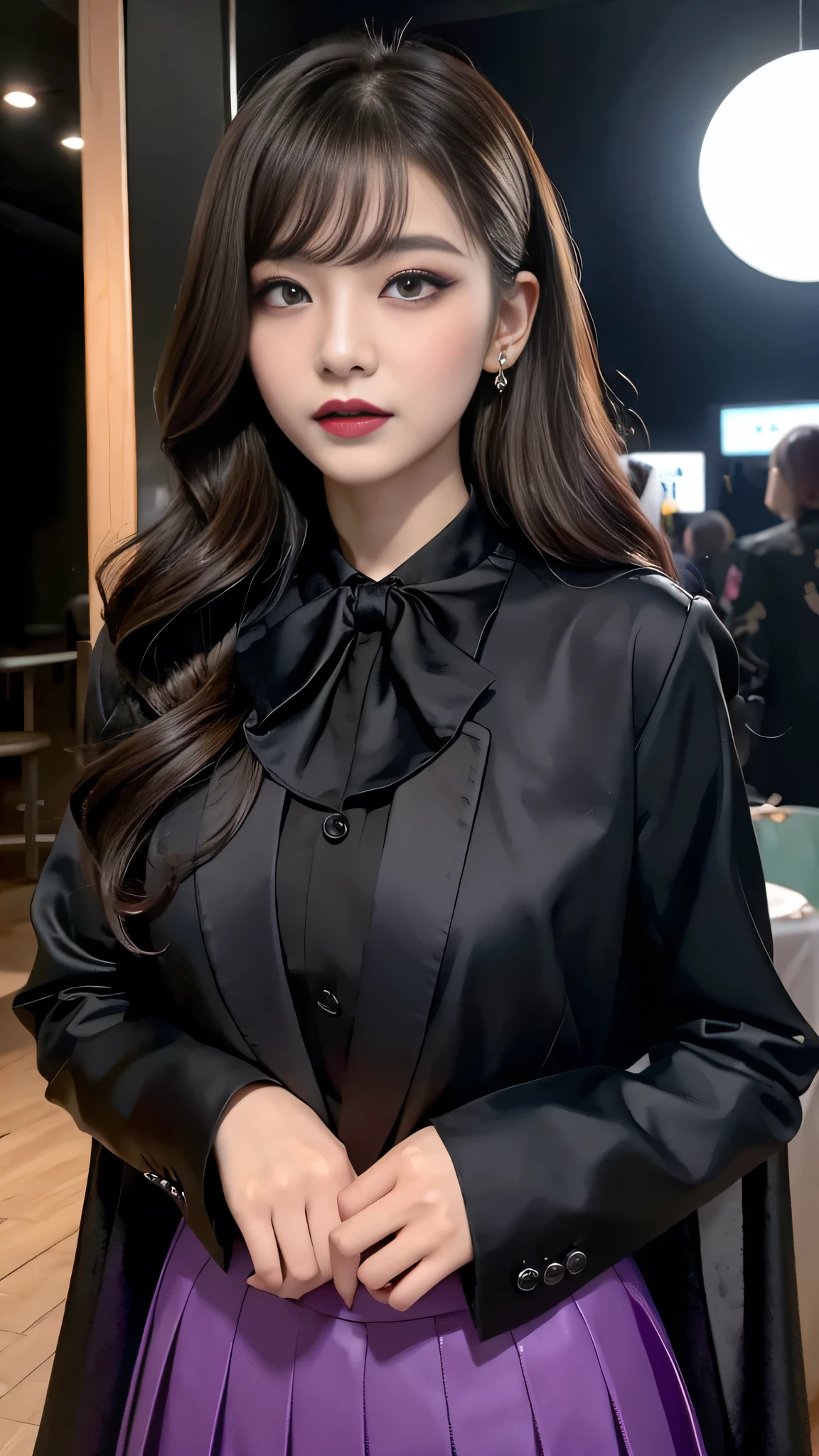 best quality、ultra-detailed、4k、Japanese、Seductive beauty、seductive adult woman、Pretty Woman、cool girl、Villainess、Brainwashed、brainwash、Fallen into evil、smirk、Evil look、Wicked Smile、evil、Brown hair、wavy hair、swept bangs、dark makeup、dark makeup、piercing eyes、hollow eyes,half-closed eyes、Hollow Eyes、purple Eyeshadow、black lipstick、black lipglos、suit、Jacket、Black Ribbon、Frilled blouse、flare skirt、night、inside darkroom、Has a switch、Emblem of Evil、Crest of Darkness、Swear allegiance、I have pledged my allegiance、Dye black、Blackening、Stained with evil、Dyed in darkness、Whisper in my ear