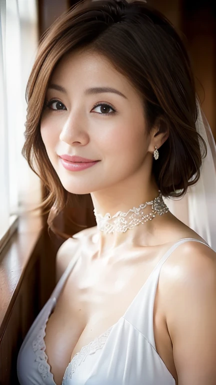 (highest quality,8k,masterpiece),Reality Photos、Detailed skin、
日本人Mature Woman,45 year old beautiful mature woman、Mature Woman,Pure white skin, Portrait、Wedding Photos、
(Small Breasts 1.3)、Random Hairstyles、
,A kind smile、A captivating gaze、Wedding dress、Veil、choker、Traditional churches of medieval Europe、Aegean Sea、(Blue sea white clouds)