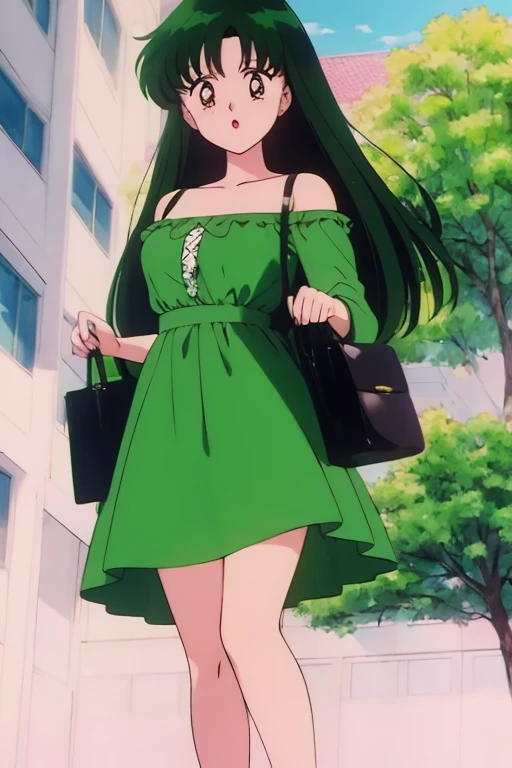 (retro anime girl:1.2),(green dress:1.1),(takano color style:1.1),(city with trees background:1.2)