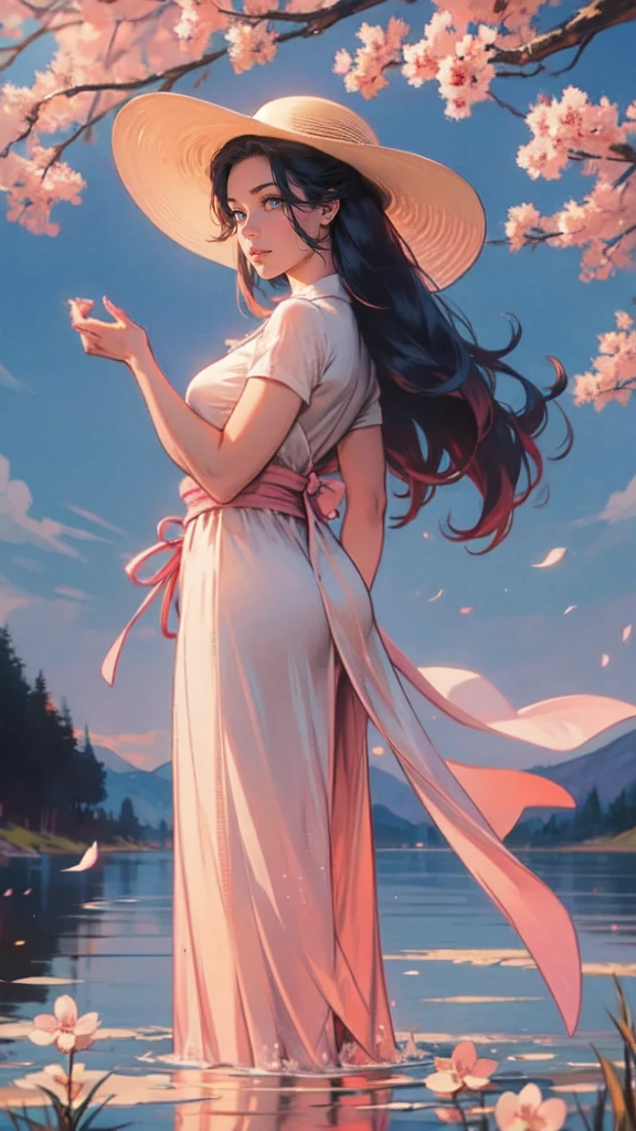 (masterpaintingelhor Quoridade),Riverside,There are many tall buildings across the river,profundidade de campo,perfect lighting,light particleelhor Quoridade),(masterpaintings),(hiper detalhado),sharp focus,light particles,a beautiful Chinese woman standing in a cherry blossom field with a sun hat and wearing pink halter dress, longos cabelos castanhos ondulados, wearing sunglasses, alto e magro, Beautiful, sorriso sutil, Olhando_em_espreitando o espectador,sorrir,sozinho,open sky_Clothes,Arms back,standingn, e de corpo inteiro,Japanese style costume,raio de sol,The tree,De boca aberta,Arms back,cabelos azuis,orelhas brancas,fuchsia eyes