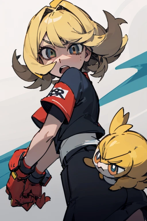 Chica, cabello pelirrojo en dos coletas, ojos naranjas, ropa deportiva, Pokémon Trainer, shy