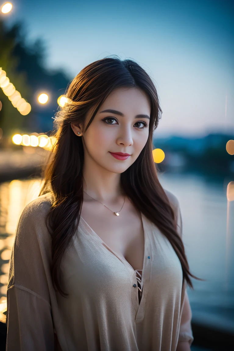 best quality, 16k, high resolution, ultra-detailed, an extremely delicate and beautiful, depth of field, ultra high res, (photorealistic:1.4), 1 milf, long hair, casual wear, cute, lakeside, (night:1.5)