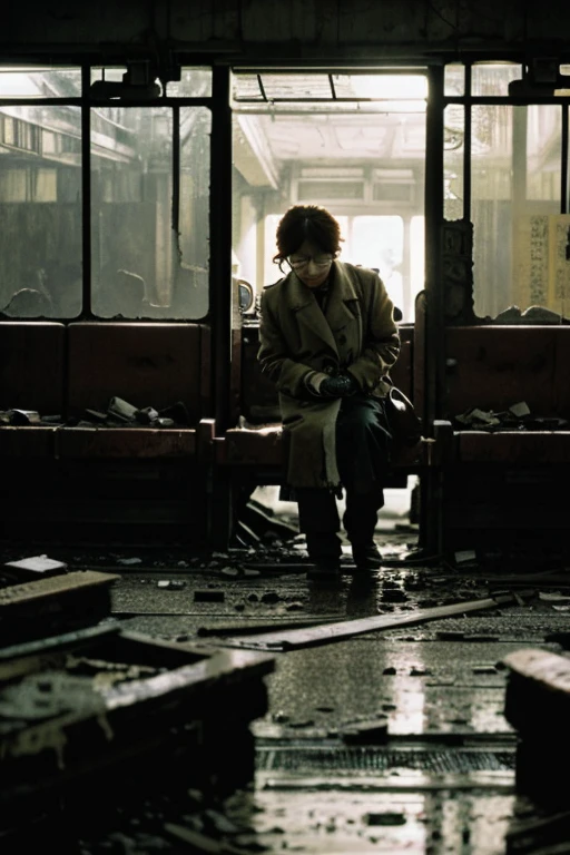 subway,Showa,Collapse,Devastation,Inside the ruins,Glasses,Women,adventure,Black and White,