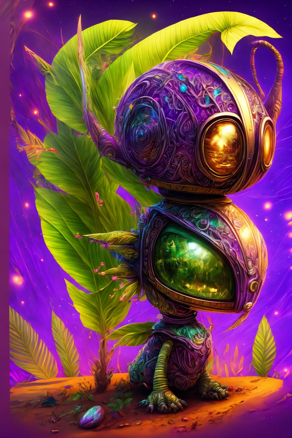 An ultra-detailed, realistic, and adorable cute alien character is depicted in this artwork. The character is small in size and has a friendly and adorable appearance. The alien is set in a purple-colored world filled with abundant exotic vegetation. The art style is inspired by anime, giving it a unique and distinct look. The artwork is created in 8k resolution, ensuring the best quality and capturing every intricate detail of the alien and its surroundings. The vibrant and vivid colors enhance the overall visual experience, while the lighting creates a sense of depth and dimension in the artwork. This masterpiece showcases the artist's expertise in creating high-quality and visually stunning illustrations.