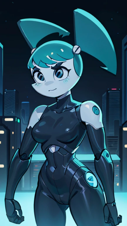 Retrato de alta qualidade de Jenny Wakeman, cabelo preto, fighting aliens in a futuristic city. HORA DO DIA. Cara de bravo. robot body, black robot color. Parafuso preto no umbigo, calcinha grande, peitos enormes