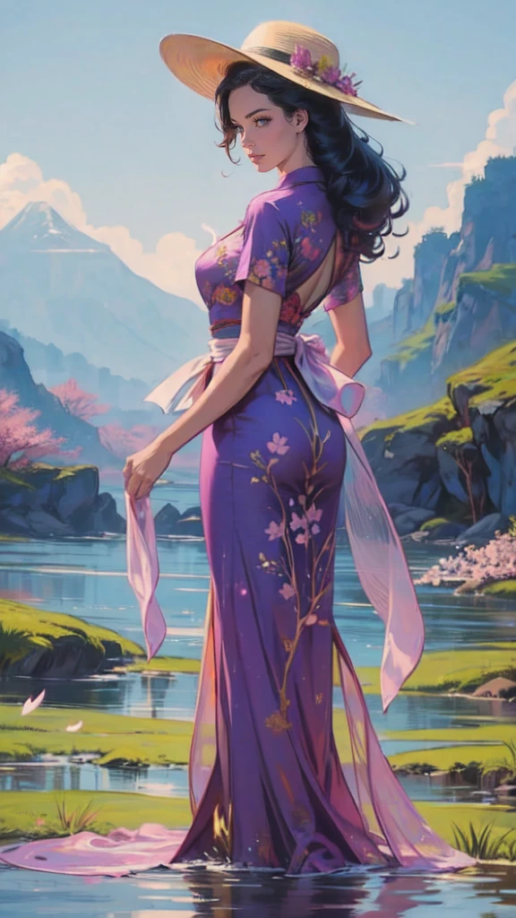 (masterpaintingelhor Quoridade),Riverside,There are many tall buildings across the river,profundidade de campo,perfect lighting,light particleelhor Quoridade),(masterpaintings),(hiper detalhado),sharp focus,light particles,a beautiful Chinese woman standing in a cherry blossom field with a sun hat and wearing purple halter dress, longos cabelos castanhos ondulados, wearing sunglasses, alto e magro, Beautiful, sorriso sutil, Olhando_em_espreitando o espectador,sorrir,sozinho,open sky_Clothes,Arms back,standingn, e de corpo inteiro,Japanese style costume,raio de sol,The tree,De boca aberta,Arms back,cabelos azuis,orelhas brancas,purples eyes