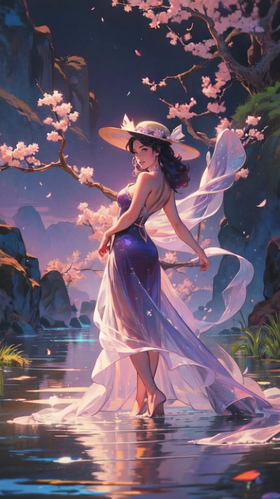 (masterpaintingelhor Quoridade),Riverside,There are many tall buildings across the river,profundidade de campo,perfect lighting,light particleelhor Quoridade),(masterpaintings),(hiper detalhado),sharp focus,light particles,a beautiful Chinese woman standing in a cherry blossom field with a sun hat and wearing purple halter dress, longos cabelos castanhos ondulados, wearing sunglasses, alto e magro, Beautiful, sorriso sutil, Olhando_em_espreitando o espectador,sorrir,sozinho,open sky_Clothes,Arms back,standingn, e de corpo inteiro,Japanese style costume,raio de sol,The tree,De boca aberta,Arms back,cabelos azuis,orelhas brancas,purples eyes