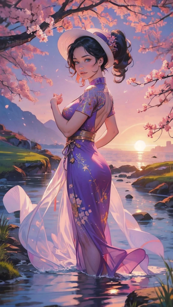 （masterpaintingelhor Quoridade），Riverside，There are many tall buildings across the river，profundidade de campo，perfect  lighting，light particleelhor Quoridade），（masterpaintings），（hiper detalhado），sharp focus，light particles，a beautiful Chinese woman standing in a cherry blossom field with a sun hat and wearing purple halter dress, longos cabelos castanhos ondulados, wearing sunglasses, alto e magro, Beautiful, sorriso sutil, Olhando_em_espreitando o espectador，sorrir，sozinho，open sky_Clothes，Arms back，standingn, e de corpo inteiro，Japanese style costume，raio de sol，The tree，De boca aberta，Arms back，cabelos azuis，orelhas brancas，purples eyes