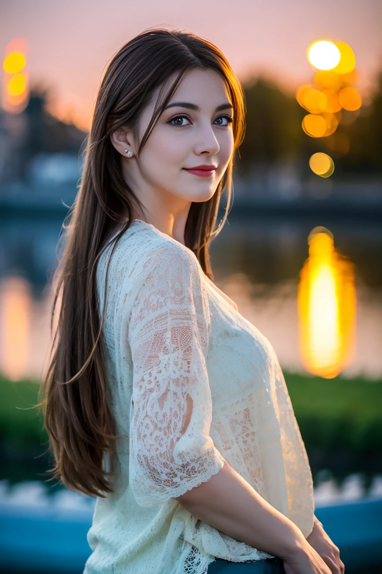 best quality, 16k, high resolution, ultra-detailed, an extremely delicate and beautiful, depth of field, ultra high res, (photorealistic:1.4), 1 milf, long hair, casual wear, cute, lakeside, (night:1.5)