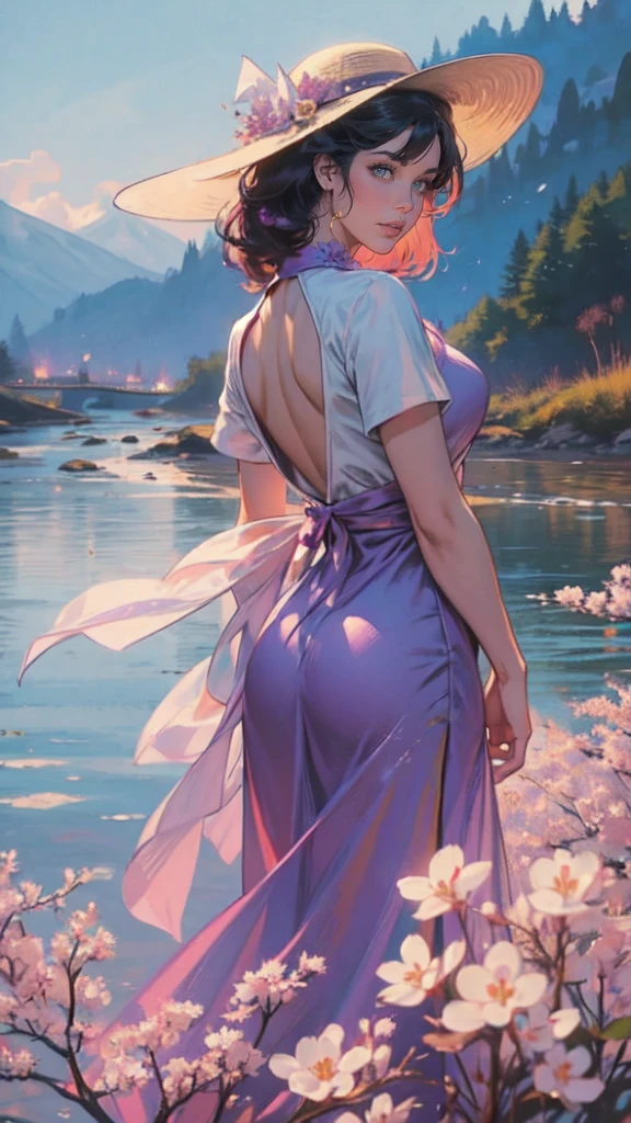 (masterpaintingelhor Quoridade),Riverside,There are many tall buildings across the river,profundidade de campo,perfect lighting,light particleelhor Quoridade),(masterpaintings),(hiper detalhado),sharp focus,light particles,a beautiful Chinese woman standing in a cherry blossom field with a sun hat and wearing purple halter dress, longos cabelos castanhos ondulados, wearing sunglasses, alto e magro, Beautiful, sorriso sutil, Olhando_em_espreitando o espectador,sorrir,sozinho,open sky_Clothes,Arms back,standingn, e de corpo inteiro,Japanese style costume,raio de sol,The tree,De boca aberta,Arms back,cabelos azuis,orelhas brancas,purples eyes