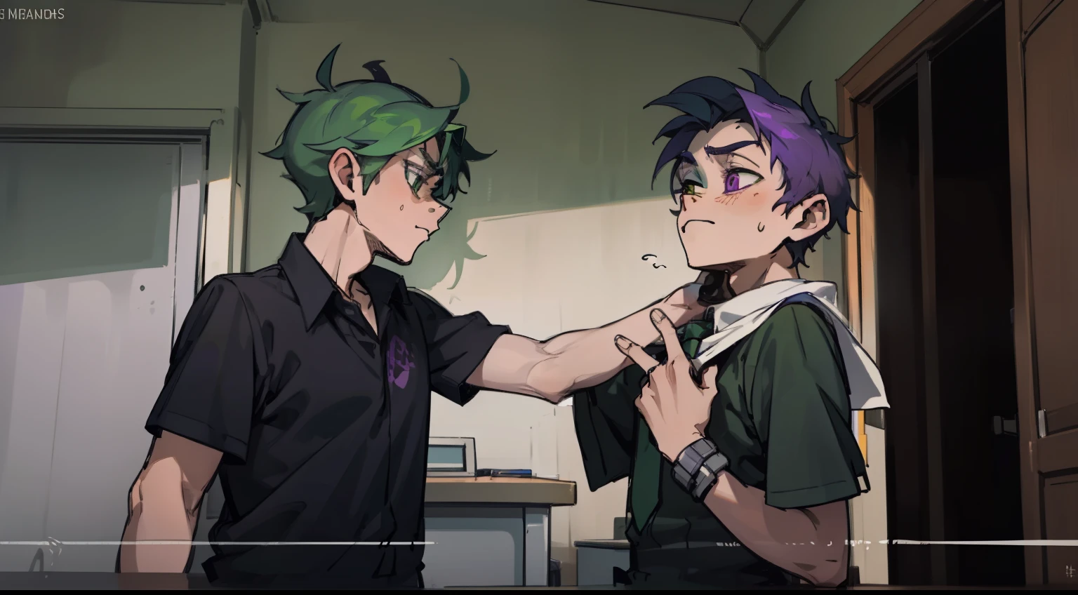 There is a young 16-year-old schoolboy with green hair, green eyes, who is being bullied by a teacher with purple hair, purple eyes, and he is threatening him.