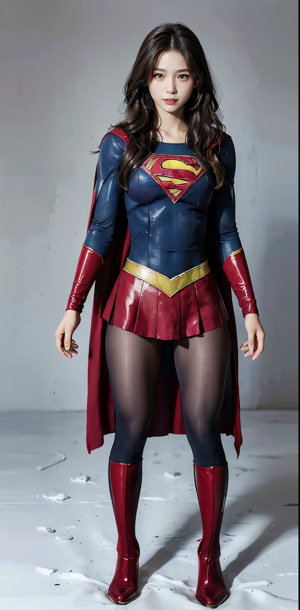 No background、(((Beautiful legs in black tights.)))、(((Legally express the beauty of your smile)))、((((Make the most of your original images)))、(((Supergirl Costume)))、(((Beautiful Hair)))、(((suffering)))、(((Please wear black tights....、Wear red boots)))、((Best image quality、8k))、((highest quality、8k、masterpiece:1.3))、(((Preserve background )))、Sharp focus:1.2、Beautiful woman with perfect figure:1.4、Slim Abs:1.2、Wet body:1.5、Highly detailed face and skin texture、8k