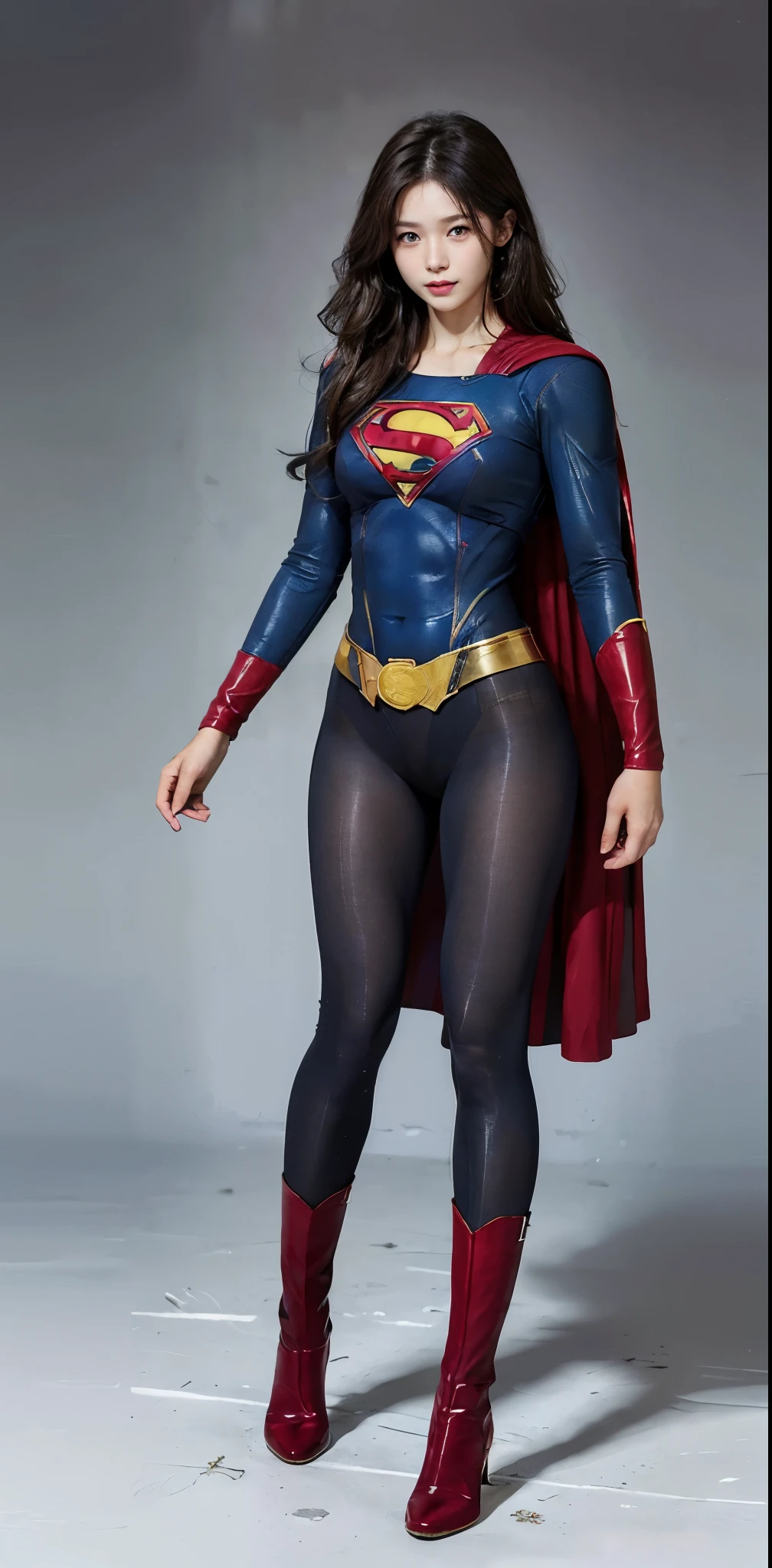 No background、(((Beautiful legs in black tights.)))、(((Legally express the beauty of your smile)))、((((Make the most of your original images)))、(((Supergirl Costume)))、(((Beautiful Hair)))、(((suffering)))、(((Please wear black tights....、Wear red boots)))、((Best image quality、8k))、((highest quality、8k、masterpiece:1.3))、(((Preserve background )))、Sharp focus:1.2、Beautiful woman with perfect figure:1.4、Slim Abs:1.2、Wet body:1.5、Highly detailed face and skin texture、8k