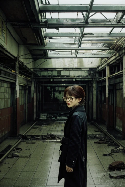 subway,Showa,Collapse,Devastation,Inside the ruins,Glasses,Women,adventure,Black and White,