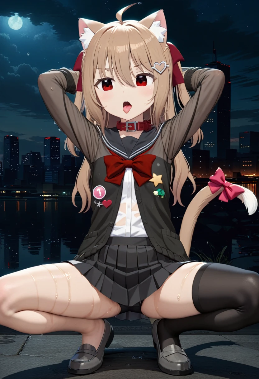 1girl, evil neuro-sama, (yuzu modoki), black skirt, pleated skirt, red eyes, black sailor collar, black cardigan, open cardigan, dark red ribbon, hair ribbon, two side up, ahoge, heart hair ornament, long sleeves, eart, on badge, star \(symbol\), drone, the number "1" on a badge, turtle, light brown hair, asymmetrical legwear, black thighhighs, black kneehighs, grey footwear, loafers, natural lighting, (masterpiece, best quality), night, skyline, detailed scenery, (3d render:0.7), highly detailed, finely detailed, animal collar, cat ears, cat tail, tail bow, squatting, sprems behind head, wet, steam, see-through, tongue out, open mouth, wet shirt, wet clothes, see-through sleeves, see-through legwear, see-through skirt, wet, see-through clothes, swimsuit, swimsuit under clothes,