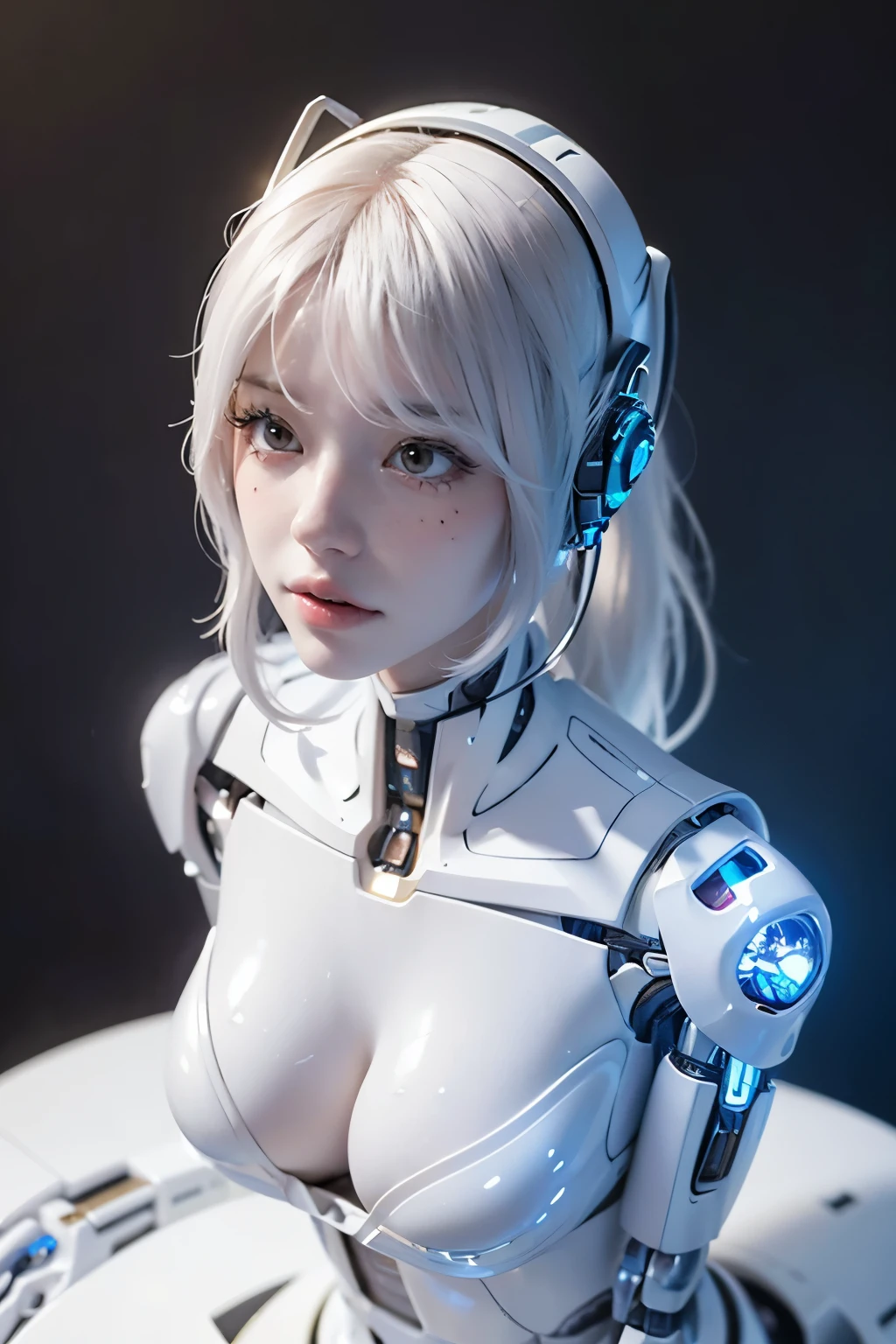 top-quality、​masterpiece、超A high resolution、(Photorealsitic:1.4)、(cyborg:1.6), ((view from above)), Raw photo、1 cyborg Girl、angelic face, perfect detailed hair, (Fine White porcelain cyborg body:1.6) with chinese blue and white patterns、white hair、high tech, glowy skin、((super realistic details))、portlate、global illumination、Shadows、octane render、8K、ultrasharp、character edge light, Colossal 、Raw skin is exposed in cleavage、Details of complex ornaments、Double Zeta Gundam details、highly intricate details、Realistic light、radiant eyes、Facing the camera