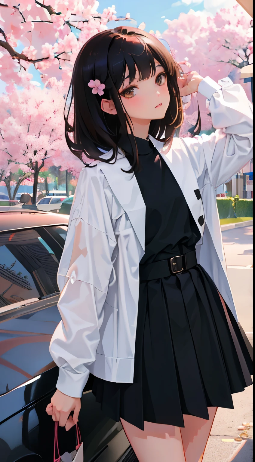 Overlooking,highest quality,Beautiful face in every detail,cute,Dark brown eyes,(背の低いcute女の子,Small young student,Young delicate girl),(masterpiece,Top quality),Black Hair,Sleepy expression,Black Shirt,Black Mini Skirt,Cherry Blossoms at Night