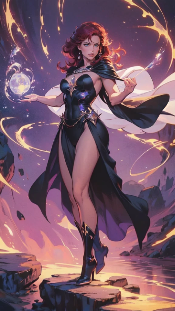 high details, best quality, 8k, [ultra detailed], masterpiece, best quality, (extremely detailed), full body, ultra wide shot, julie bell style (ultra details, Masterpiece, best quality), fantasy art, dnd art,fantasy art, realistic art, a sorceress casting a Glowing Purple spell in magical library (ultra details, Masterpiece, best quality), exquisite beautiful human woman (ultra details, Masterpiece, best quality), red hair, long hair, (long black dress: 1.2), (white cloak: 1.3), high heeled boots (ultra details, Masterpiece, best quality) Glowing Purple