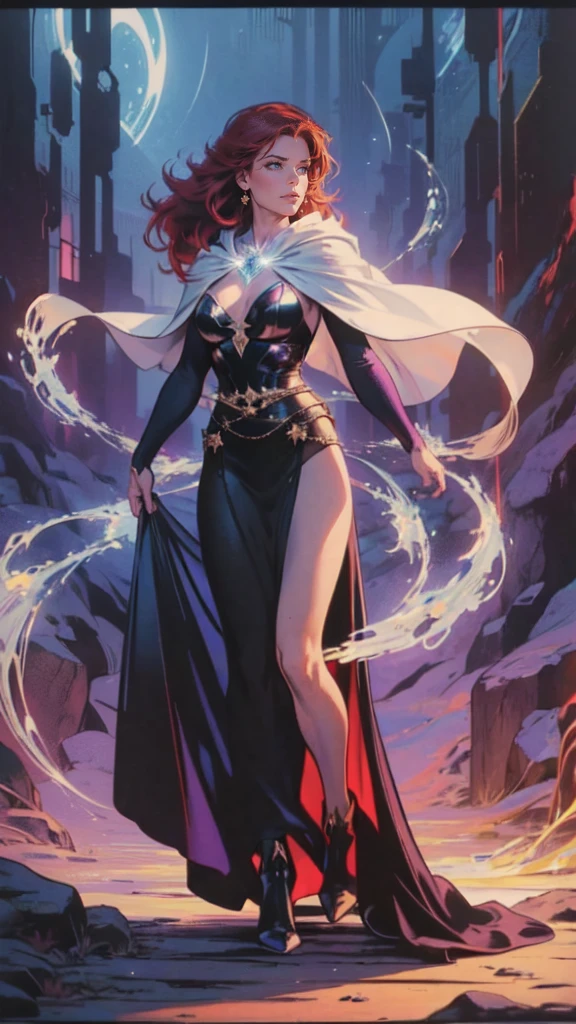 high details, best quality, 8k, [ultra detailed], masterpiece, best quality, (extremely detailed), full body, ultra wide shot, julie bell style (ultra details, Masterpiece, best quality), fantasy art, dnd art,fantasy art, realistic art, a sorceress casting a Glowing Purple spell in magical library (ultra details, Masterpiece, best quality), exquisite beautiful human woman (ultra details, Masterpiece, best quality), red hair, long hair, (long black dress: 1.2), (white cloak: 1.3), high heeled boots (ultra details, Masterpiece, best quality) Glowing Purple
