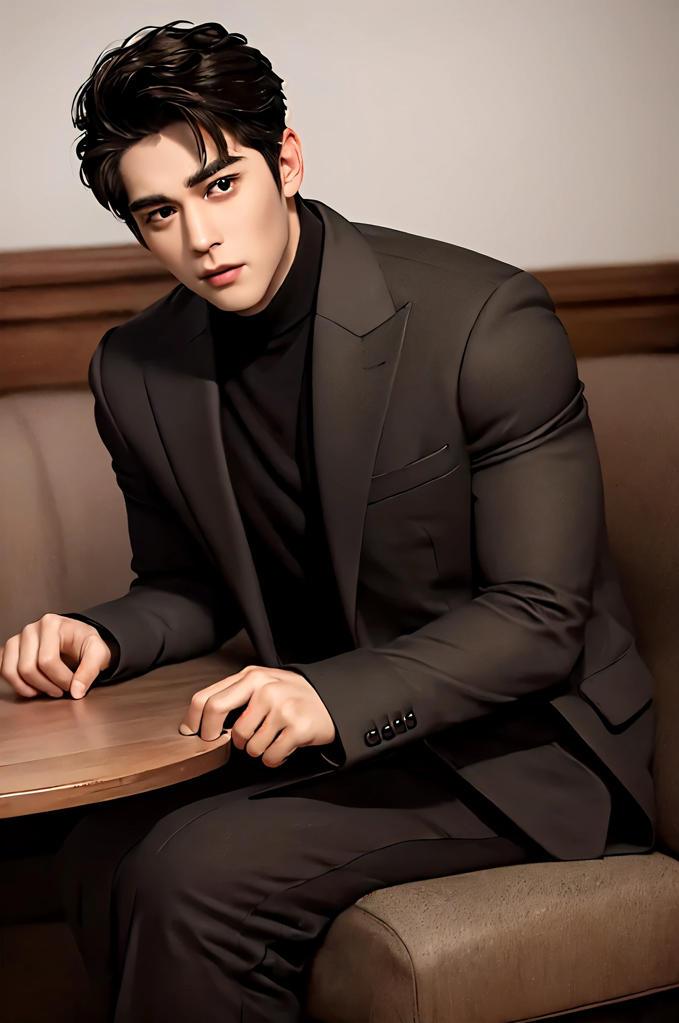 best illustration, best quality, magnificent background, male focus, brown skin, 1 boy, squat, solo, black eyes, look into the audience portrait, short black hair, sitting, asian man, 30 years old rather muscular man in suit, masterpiece, top quality, 8k UHD, digital slr, realistic painting art, thick and dignified curved eyebrows, eyes clear and large, Chiseled face, large nose, broad forehead, brown skin, dark eyes
