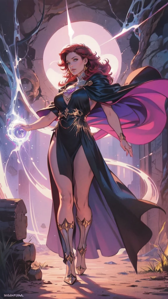 high details, best quality, 8k, [ultra detailed], masterpiece, best quality, (extremely detailed), full body, ultra wide shot, julie bell style (ultra details, Masterpiece, best quality), fantasy art, dnd art,fantasy art, realistic art, a sorceress casting a Glowing Purple spell in magical library (ultra details, Masterpiece, best quality), exquisite beautiful human woman (ultra details, Masterpiece, best quality), red hair, long hair, (long black dress: 1.2), (white cloak: 1.3), high heeled boots (ultra details, Masterpiece, best quality) Glowing Purple
