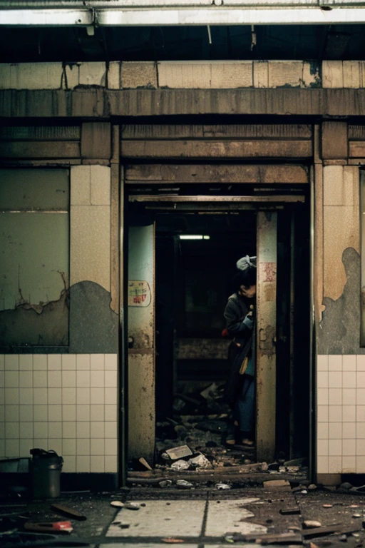 subway,Showa,Collapse,Devastation,Inside the ruins,Glasses,Women,adventure,Black and White,
