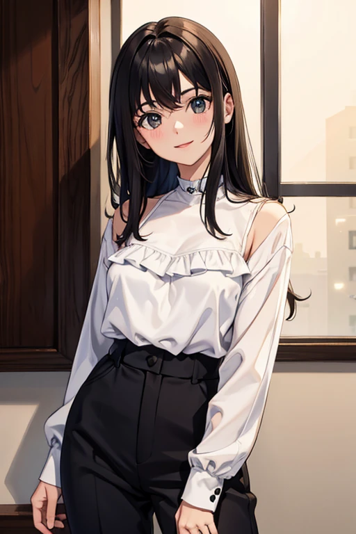 Uma jovem garota com seus 16 anos, pele clara, cabelo longo preto, liso, olhos pretos, sorrindo, wearing a black blouse with some white details with a low neckline and matching pants, estilo medieval