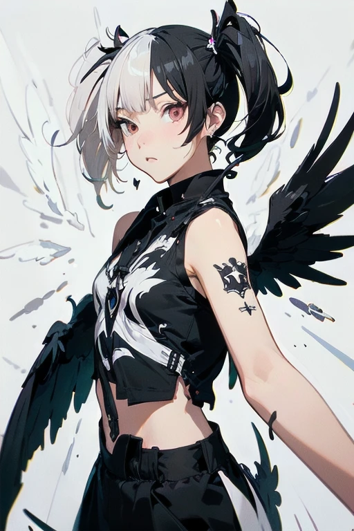 (masutepiece:1.3),(Best Quality:1.2),8K,absurderes,Unity 8K Wall Papper,(Extremely detailed:1.3),highest grade, Clothes are simple), (flat illustrations:1.4), (Best Impact:1.5), (minimalism:1.7), Vivid contrast, (Realistic), hyperrealistic illustrations, hight resolution, ultra-detailliert, absurderes,
1girl in, ,Heterochromia, ((Twin tails hairstyle:1.2)), ((spilt into two White hair, Black hair:1.5)), ((split theme, Angel,devil,Wings)),Split into two themed angels,devil,BREAK,bold outline,flat color,fine outline,black outline,flat, nice hands, perfect hands,
