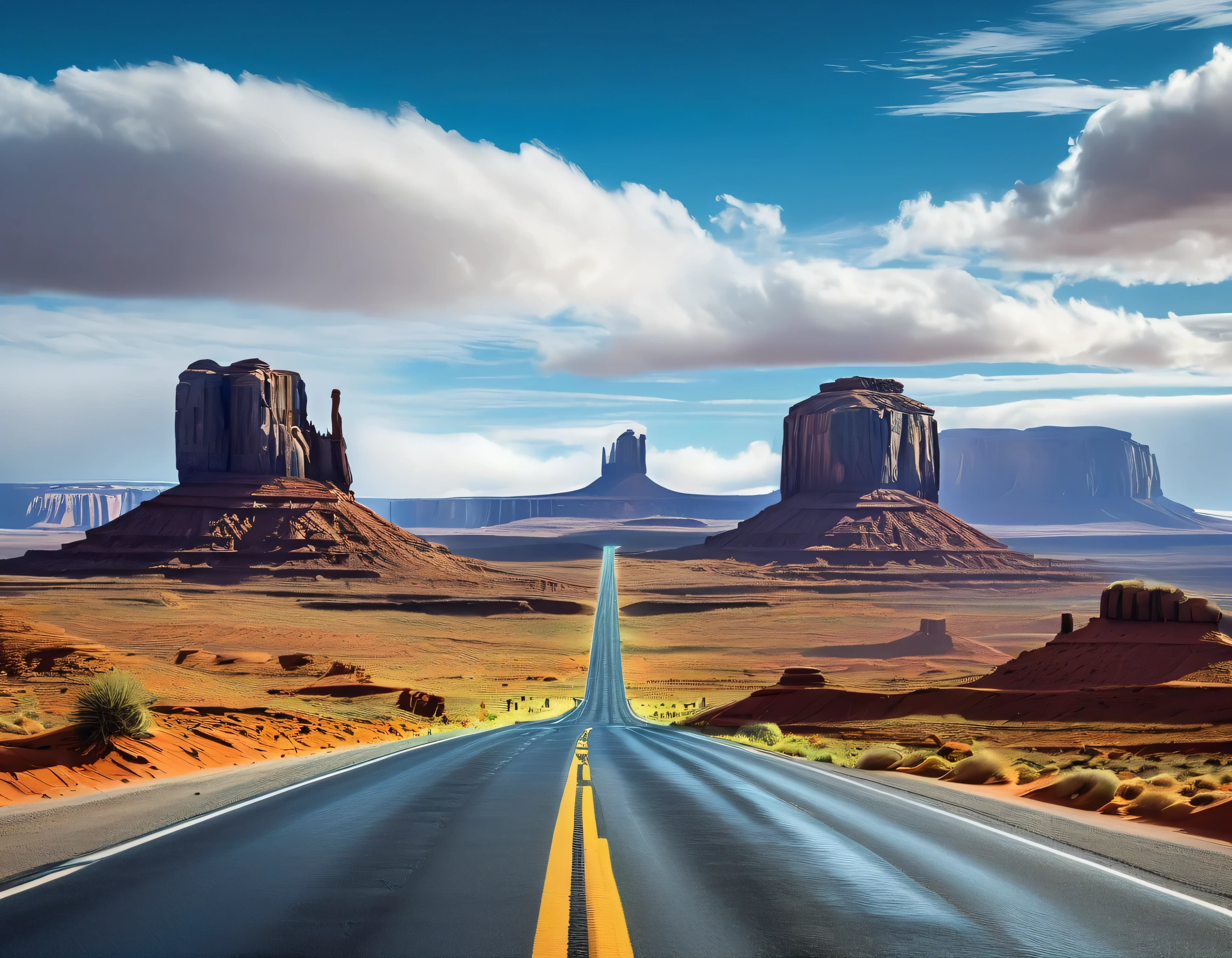 An advanced (((photograph))) of Monument Valley, meticulously designed with advanced post-production techniques, embodying classic Hollywood grandeur. The iconic valley stands out in crystal-clear 8K resolution, with a well-maintained concrete road snaking its way up a soaring mountain backdrop, against a tranquil (((blue sky))), intricate details sprinkled throughout the (((softly falling clouds))). A masterful blend of artistry and digital wizardry, this advanced image captures the essence of Monument Valley in a truly unforgettable composition