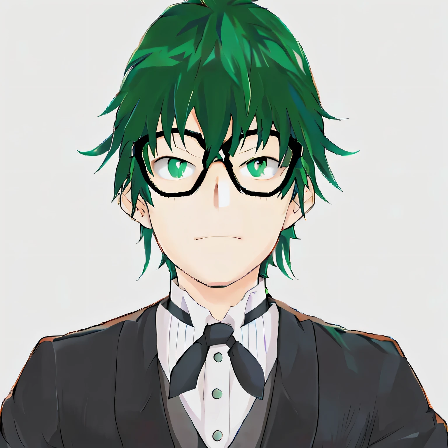 anime boy with green hair and glasses wearing a suit and tie, inspired by Okumura Masanobu, inspired by Okumura Togyu, anime moe artstyle, inspired by Hisui Sugiura, tatsumaki, wataru kajika, inspired by Yukihiko Yasuda, inspired by Un'ichi Hiratsuka