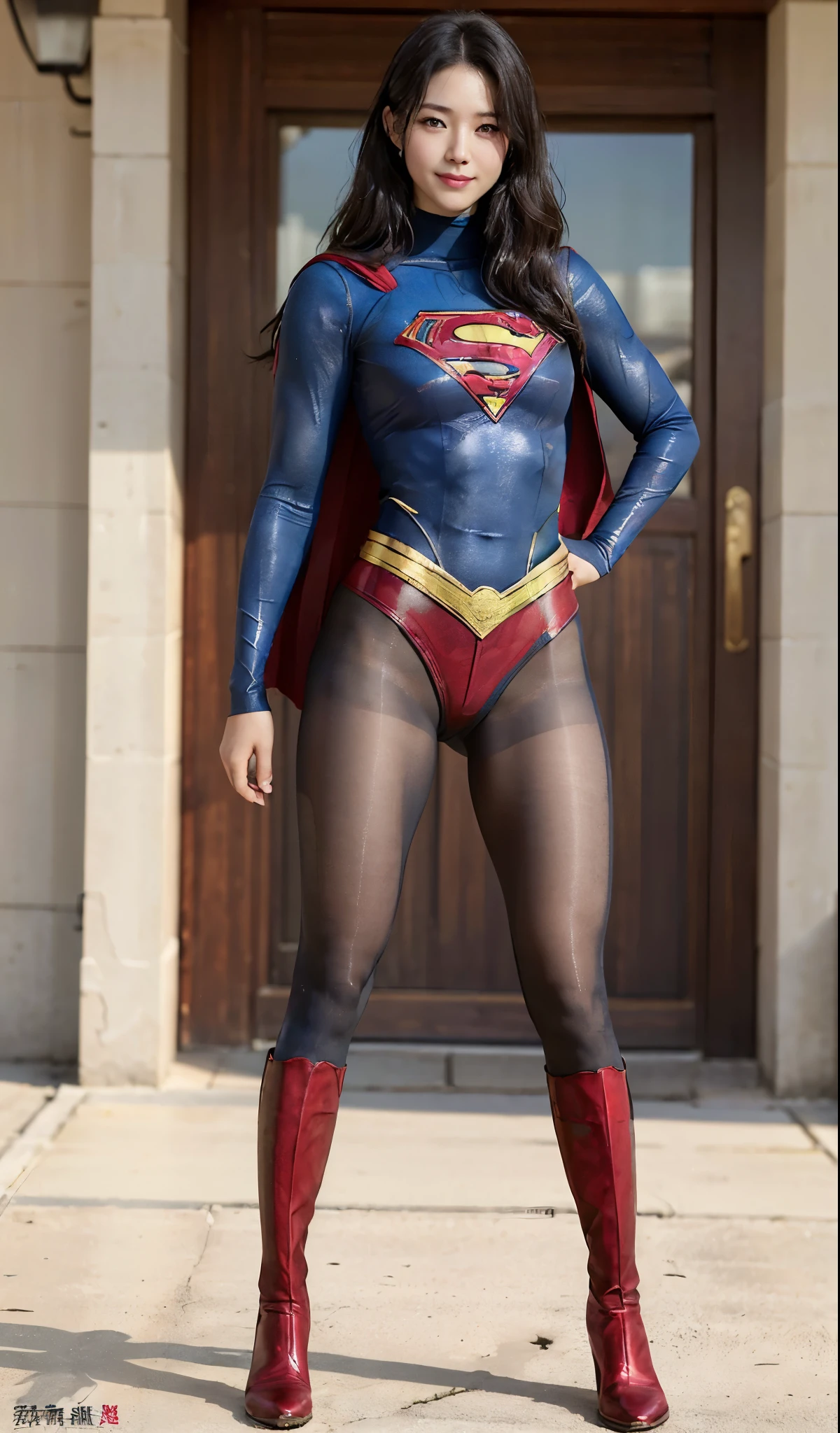 No background、(((Beautiful legs in black tights.)))、(((Legally express the beauty of your smile)))、((((Make the most of your original images)))、(((Supergirl Costume)))、(((Beautiful Hair)))、(((suffering)))、(((Please wear black tights....、Wear red boots)))、((Best image quality、8k))、((highest quality、8k、masterpiece:1.3))、(((Preserve background )))、Sharp focus:1.2、Beautiful woman with perfect figure:1.4、Slim Abs:1.2、Wet body:1.5、Highly detailed face and skin texture、8k