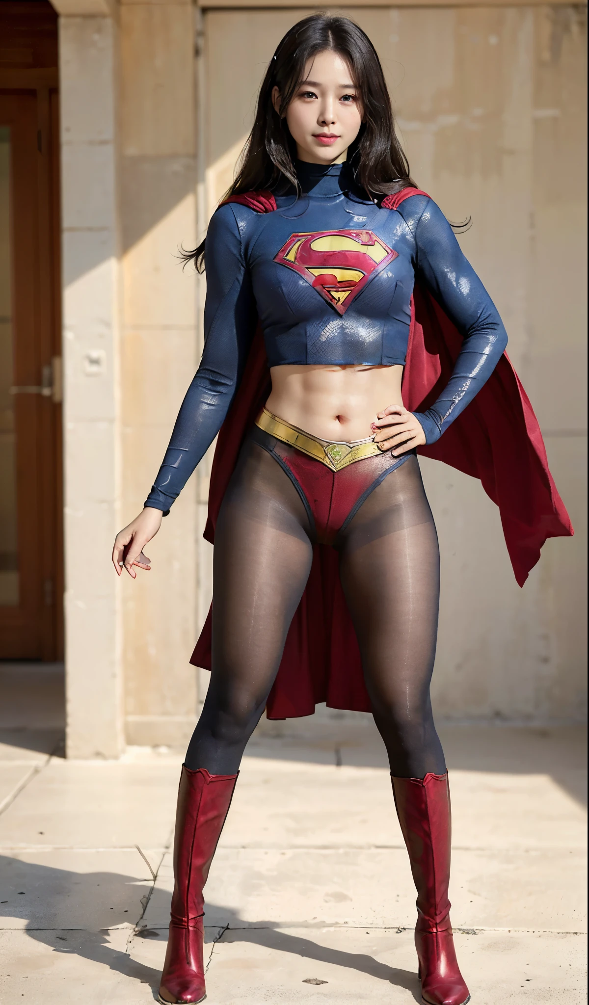 No background、(((Beautiful legs in black tights.)))、(((Legally express the beauty of your smile)))、((((Make the most of your original images)))、(((Supergirl Costume)))、(((Beautiful Hair)))、(((suffering)))、(((Please wear black tights....、Wear red boots)))、((Best image quality、8k))、((highest quality、8k、masterpiece:1.3))、(((Preserve background )))、Sharp focus:1.2、Beautiful woman with perfect figure:1.4、Slim Abs:1.2、Wet body:1.5、Highly detailed face and skin texture、8k