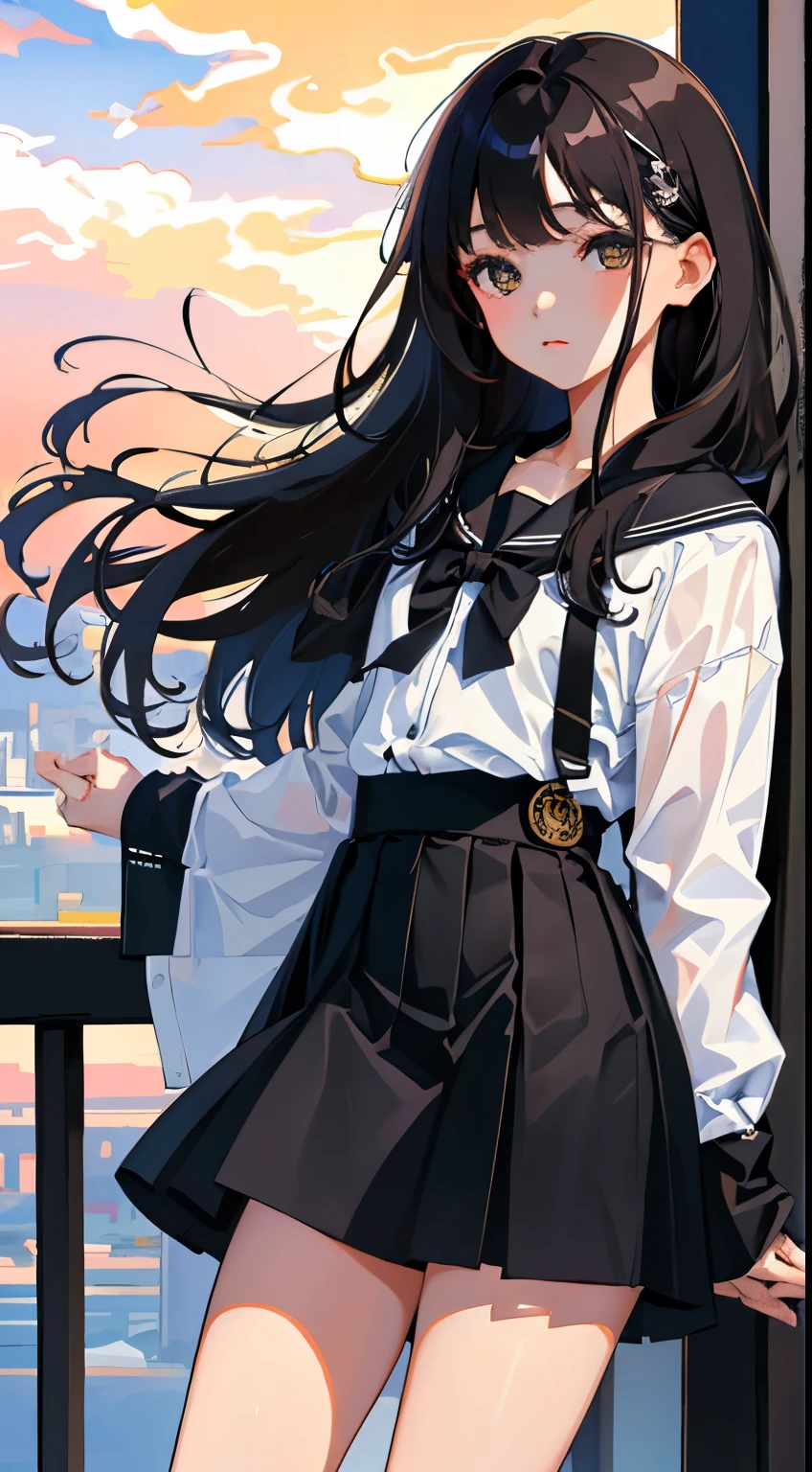 Overlooking,highest quality,Beautiful face in every detail,cute,Dark brown eyes,(背の低いcute女の子,Small young student,Young delicate girl),(masterpiece,Top quality),Black Hair,Sleepy expression,Black Shirt,Black Mini Skirt