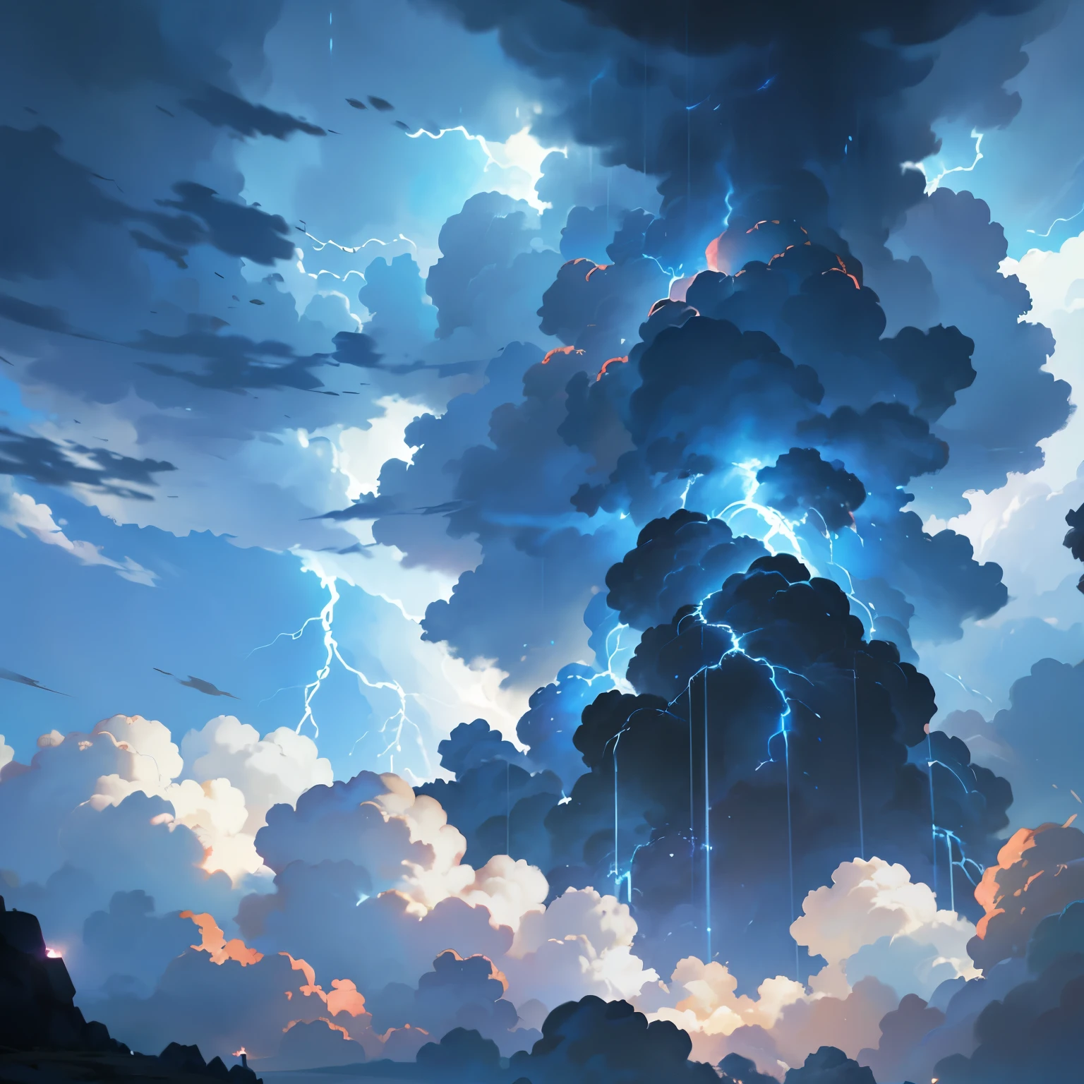 anime sky background, dark clouds, storm, storm brewing, lightning, lightning strikes, stormy, black clouds, close up on clouds, high up in the sky