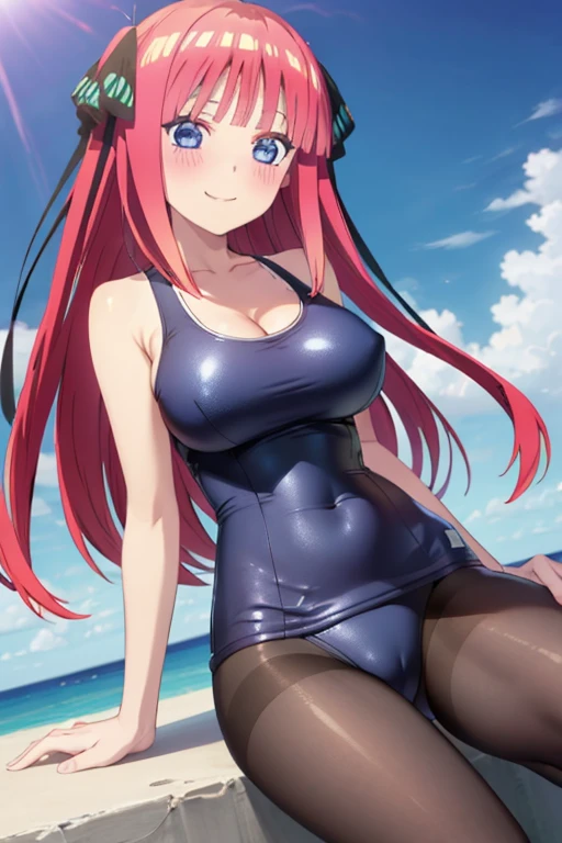 best quality, ultra-detailed masterpiece, anime art style, cute character, nino nakano, large , blush, smile, one-piece swimsuit, pantyho