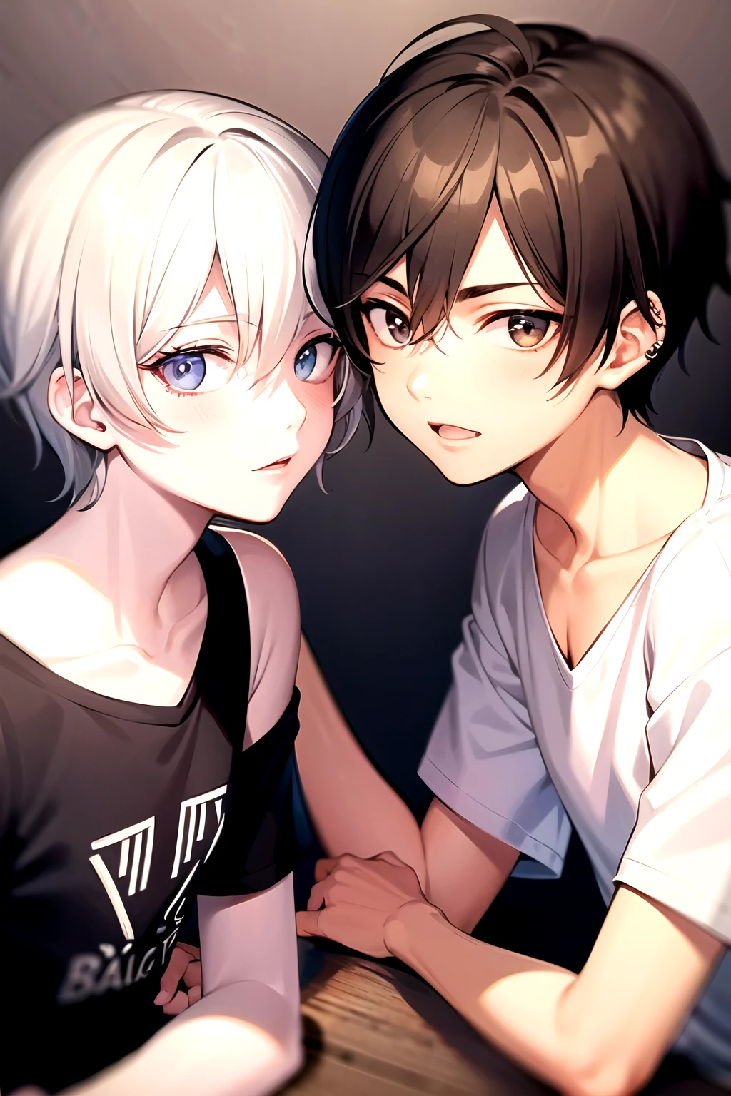 a boy with black hair, with bangs, and an eyebrow piercing next to another boy with short, light brown hair. 