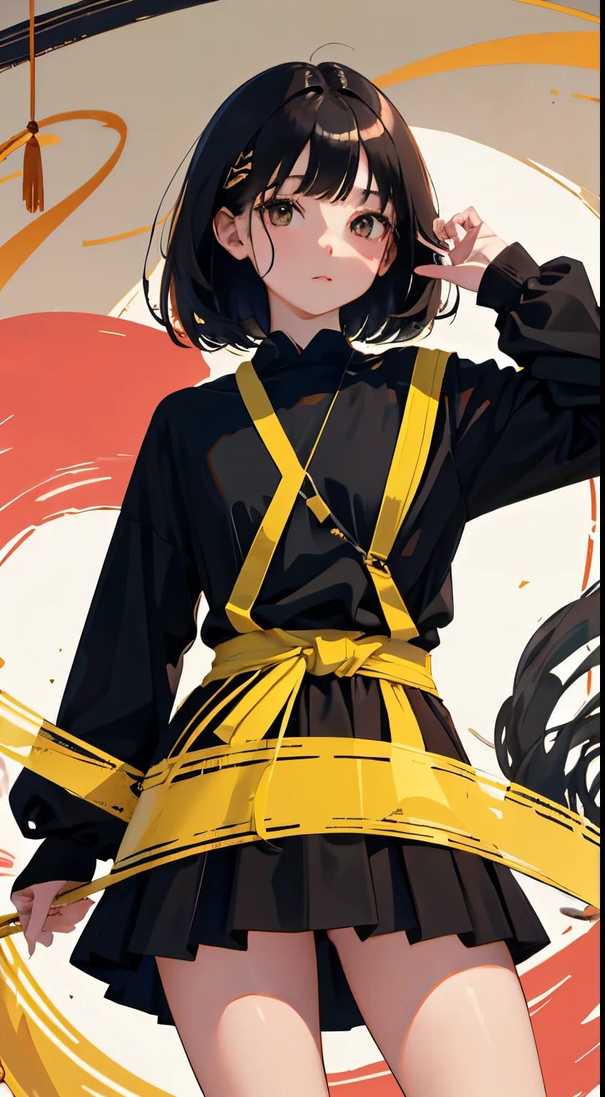 Overlooking,highest quality,Beautiful face in every detail,cute,Dark brown eyes,(背の低いcute女の子,Small young student,Young delicate girl),(masterpiece,Top quality),Black Hair,Sleepy expression,Black Shirt,Black Mini Skirt