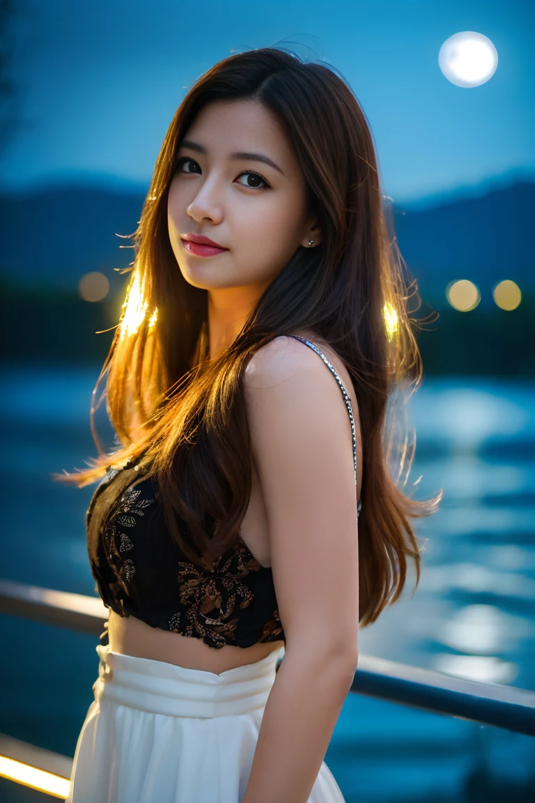 best quality, 16k, high resolution, ultra-detailed, an extremely delicate and beautiful, depth of field, ultra high res, (photorealistic:1.4), 1 milf, long hair, casual wear, cute, lakeside, (night:1.5)