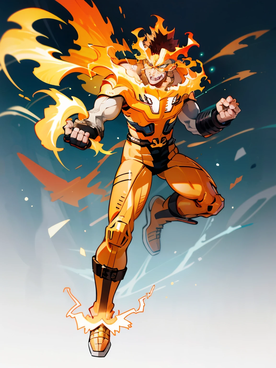 ((Endeavor)), My Hero Academia Style, golden armor, Minotaur armor, yellow lightning bolts, ultra detailed, perfect anatomy, perfect hands, (full body photo:1.5), blue fire, hero suit, blue full body suit,