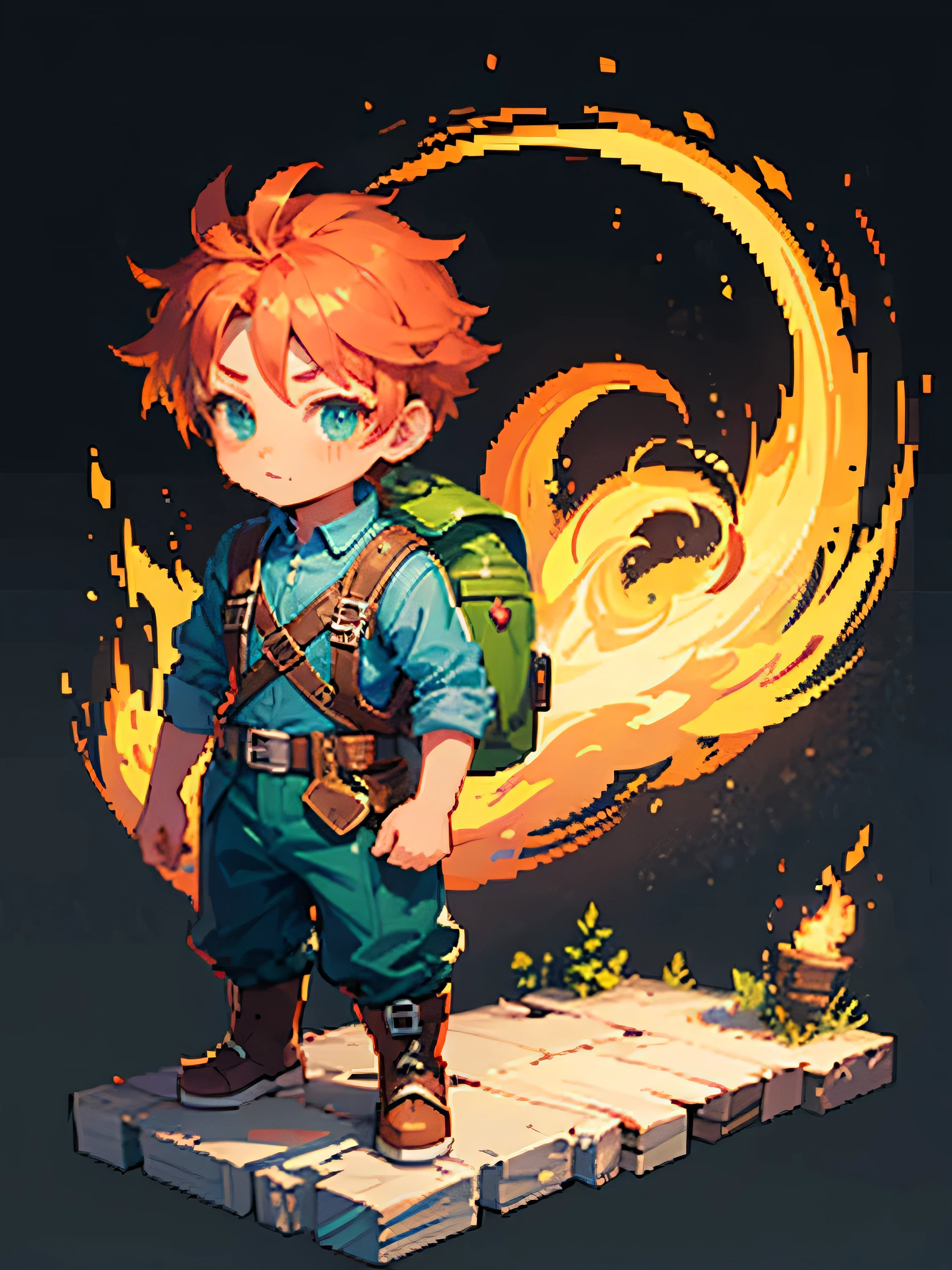 1 boy, Ragnarok online, mmorpg. Chibi hunter character pixel art, beautiful detailed pixel art, hyper detailed pixel art, conceptual pixel art, high quality pixel art, high quality pixel art, high quality pixel art, high quality pixel art, dynamic lighting, colorful, high contrast colors, pixel art style, Pixel art:3, 4k, beautiful, full body, green shirt and pants, backpack, background, ranger, wood