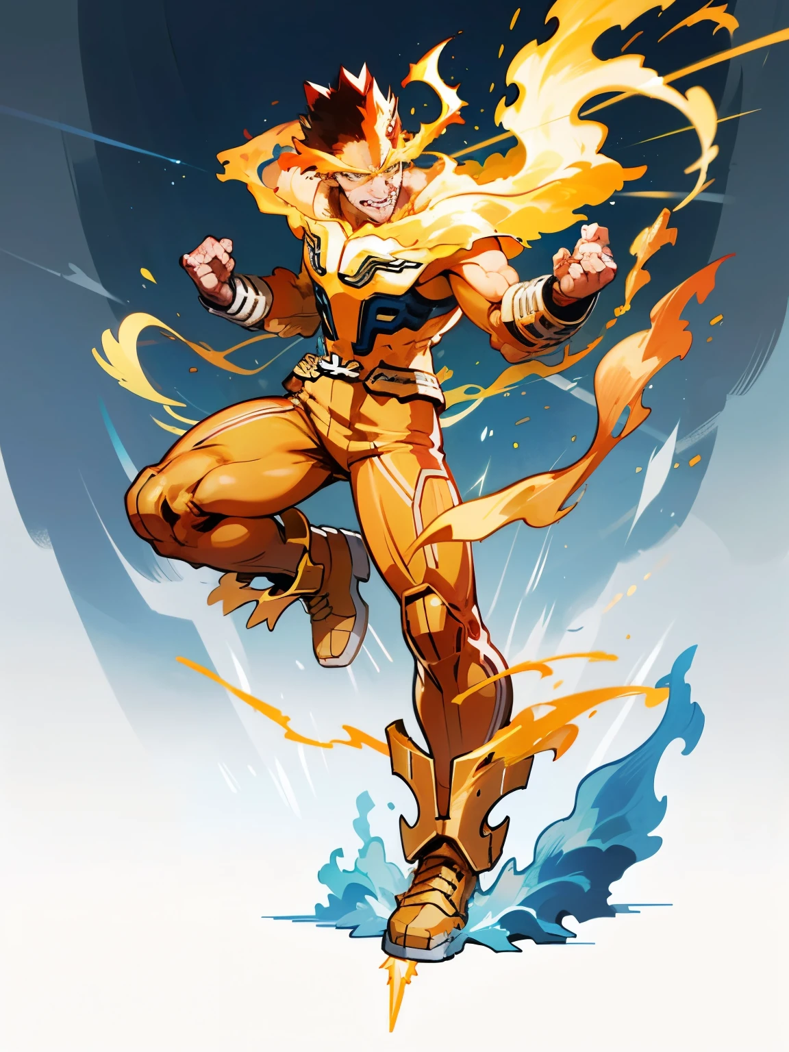 ((Endeavor)), My Hero Academia Style, golden armor, Minotaur armor, yellow lightning bolts, ultra detailed, perfect anatomy, perfect hands, (full body photo:1.5), blue fire, hero suit, blue full body suit,