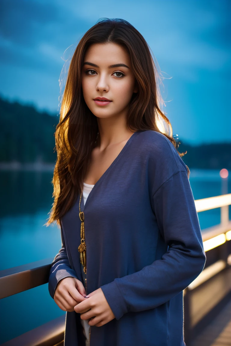 best quality, 16k, high resolution, ultra-detailed, an extremely delicate and beautiful, depth of field, ultra high res, (photorealistic:1.4), 1 girl, long hair, casual wear, cute, lakeside, (night:1.5)