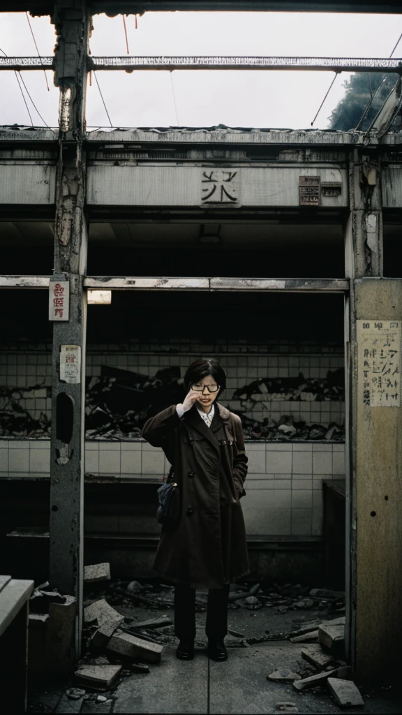 subway,Showa,Collapse,Devastation,Inside the ruins,Glasses,Women,adventure,Black and White,