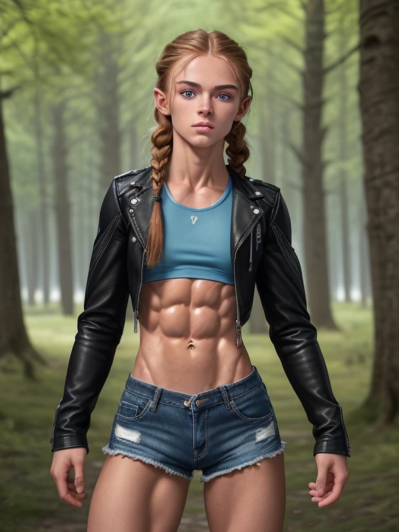 gorgeous 18 year old north European girl with braid style hair, black leather jacket and jean shorts, standing in park, shredded abdominal muscle, shredded abdominal muscle, abs of steel, very ripped body muscle, very muscular, very muscular legs, chiselled abdominals, 8-pack abs, lean, athletic, Ginger hair, low body fat, single model, 18 years old girl , washboard abs, Nordic blue eyes, upper body muscles of a gymnast, lower body muscles of a ballerina, sinewy muscles, absolutely shredded abs, tiny waist, exaggerated hourglass figure, beautiful, female, heart shaped face, feminine jawline, soft cheekbones chubby cheeks, Greek nose, slender body, hiking boots