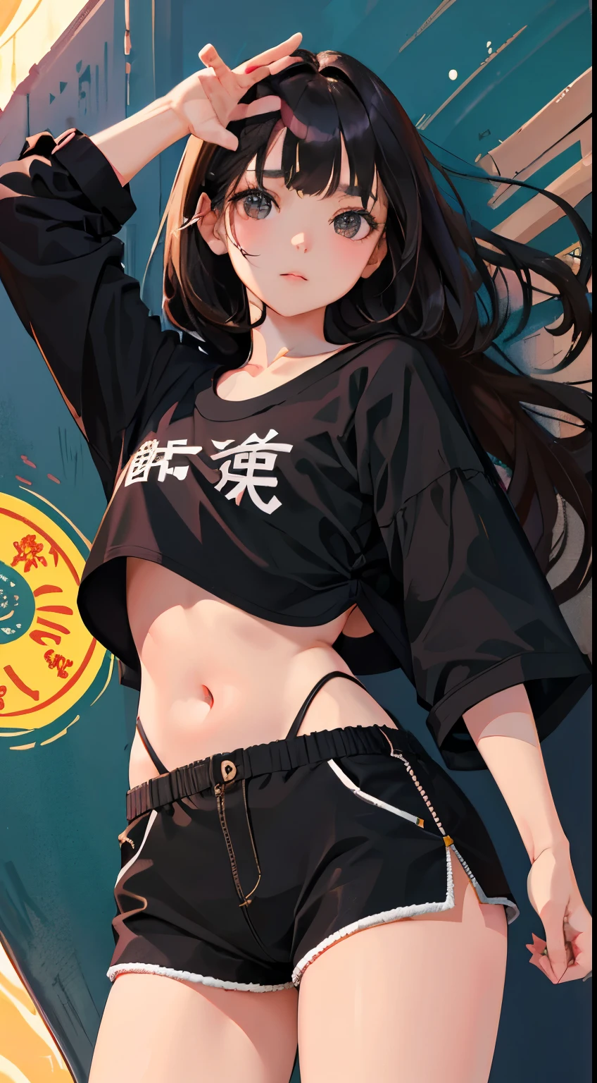 Overlooking，highest quality，Beautiful face in every detail，cute，Dark brown eyes，(背の低いcute女の子，Small young student，Young delicate girl）,（masterpiece，Top quality)，Black Hair，Sleepy expression，Crop Top Look，Black Shirt，White shorts