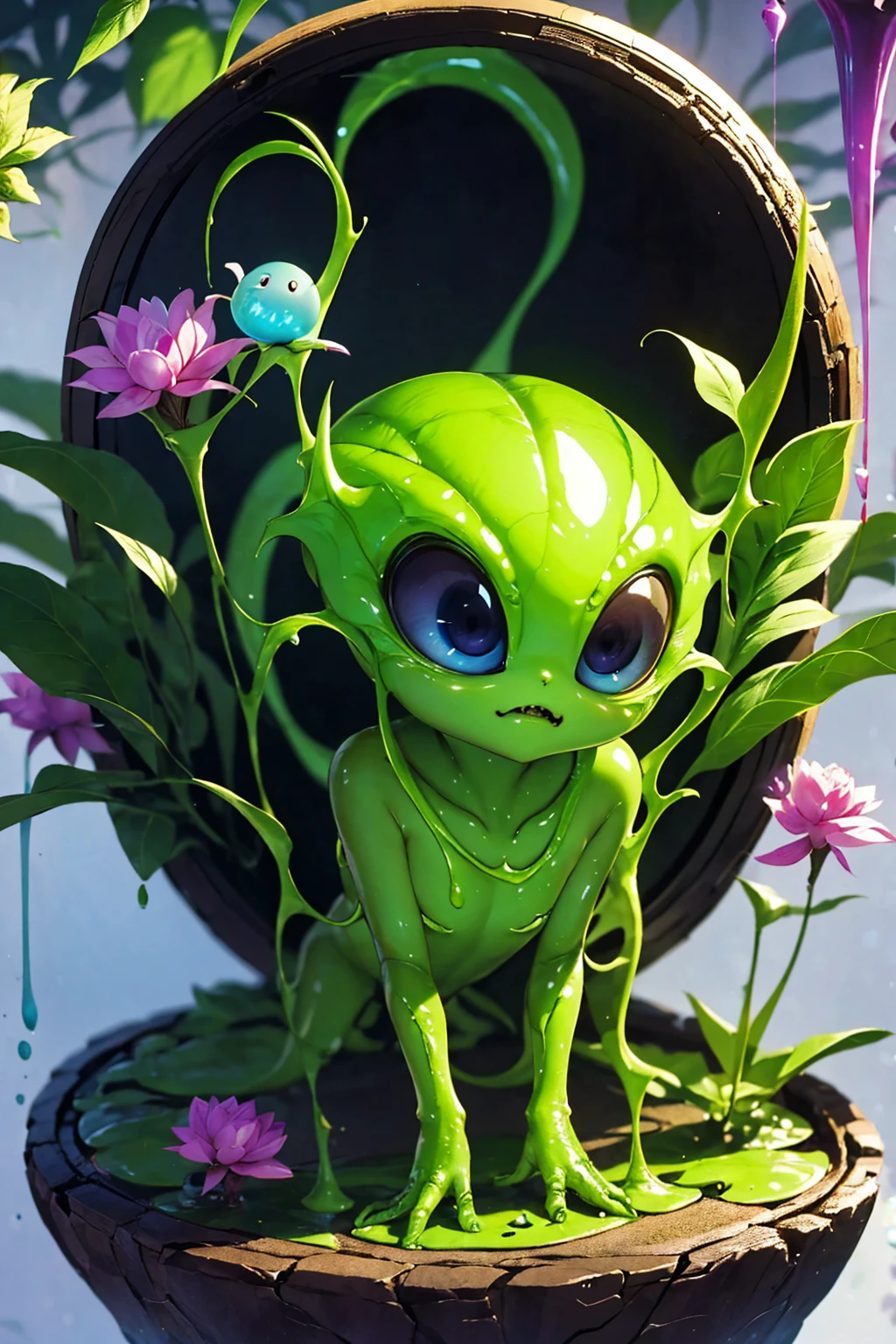 An ultra-detailed, realistic, and adorable cute alien character is depicted in this artwork. The character is small in size and has a friendly and adorable appearance. The alien is set in a purple-colored world filled with abundant exotic vegetation. The art style is inspired by anime, giving it a unique and distinct look. The artwork is created in 8k resolution, ensuring the best quality and capturing every intricate detail of the alien and its surroundings. The vibrant and vivid colors enhance the overall visual experience, while the lighting creates a sense of depth and dimension in the artwork. This masterpiece showcases the artist's expertise in creating high-quality and visually stunning illustrations.