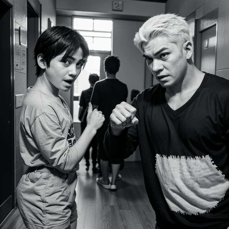 A manga panel where two bullies sneering and pointing at a boy, front view